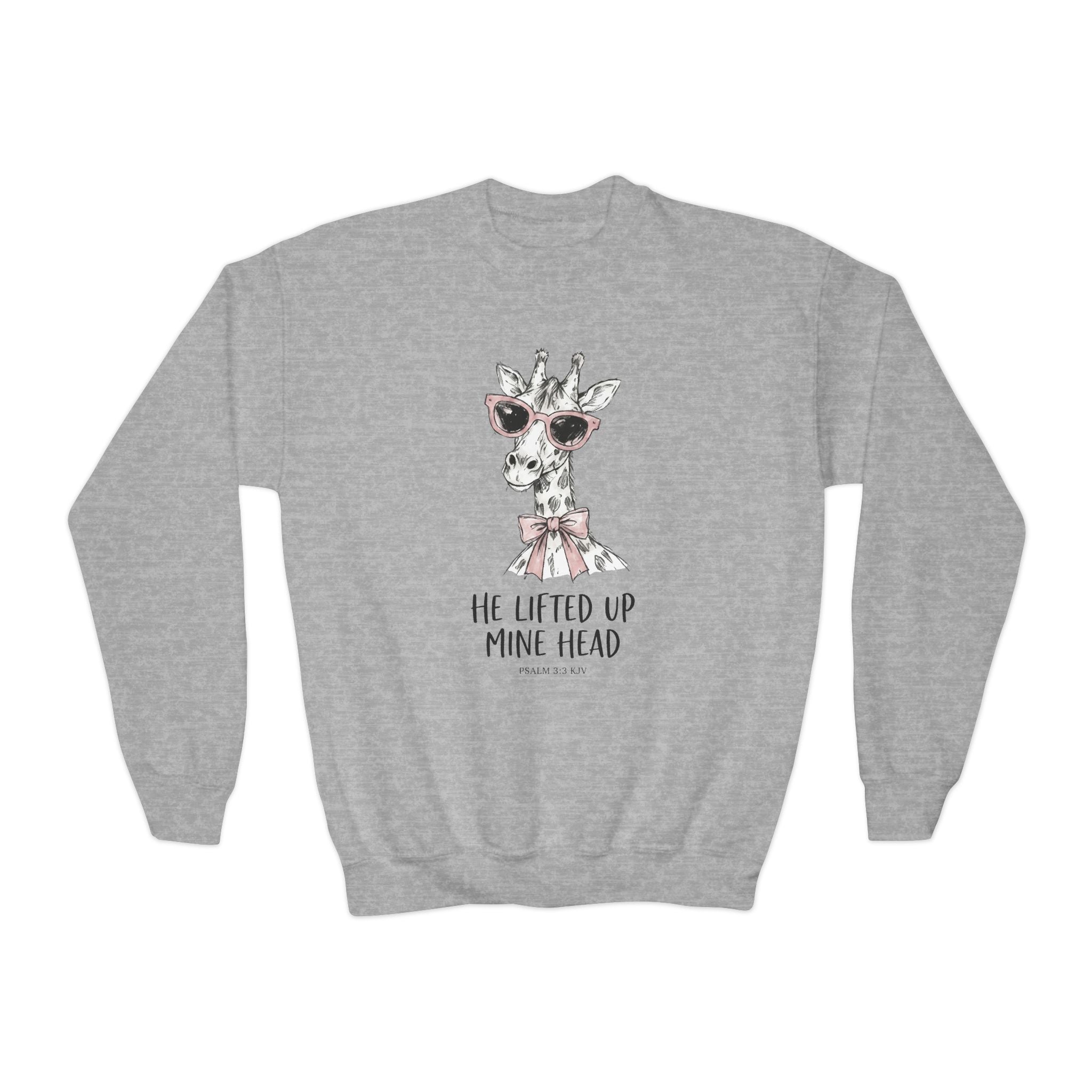 'He Lifted Up Mine Head' - Giraffe Crewneck Kids Sweatshirt in Sport Grey – Kids clothes | Little Ark | Christian Clothing Brand