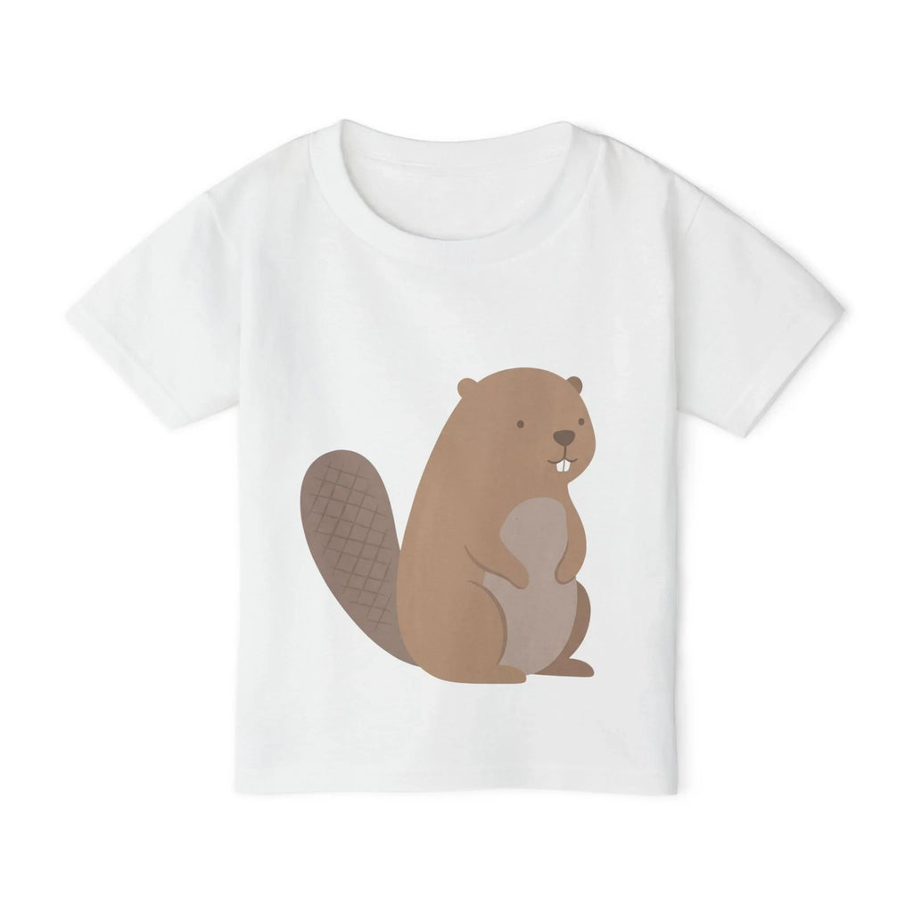 White kids t-shirt with cute minimalist beaver graphic and soft neutral tones