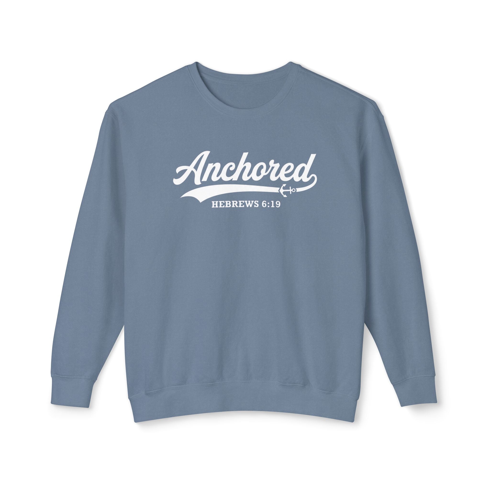 'Anchored - 'Hebrews 6:19' Mens Crewneck Sweatshirt in Blue Jean – Sweatshirt | Little Ark | Christian Clothing Brand