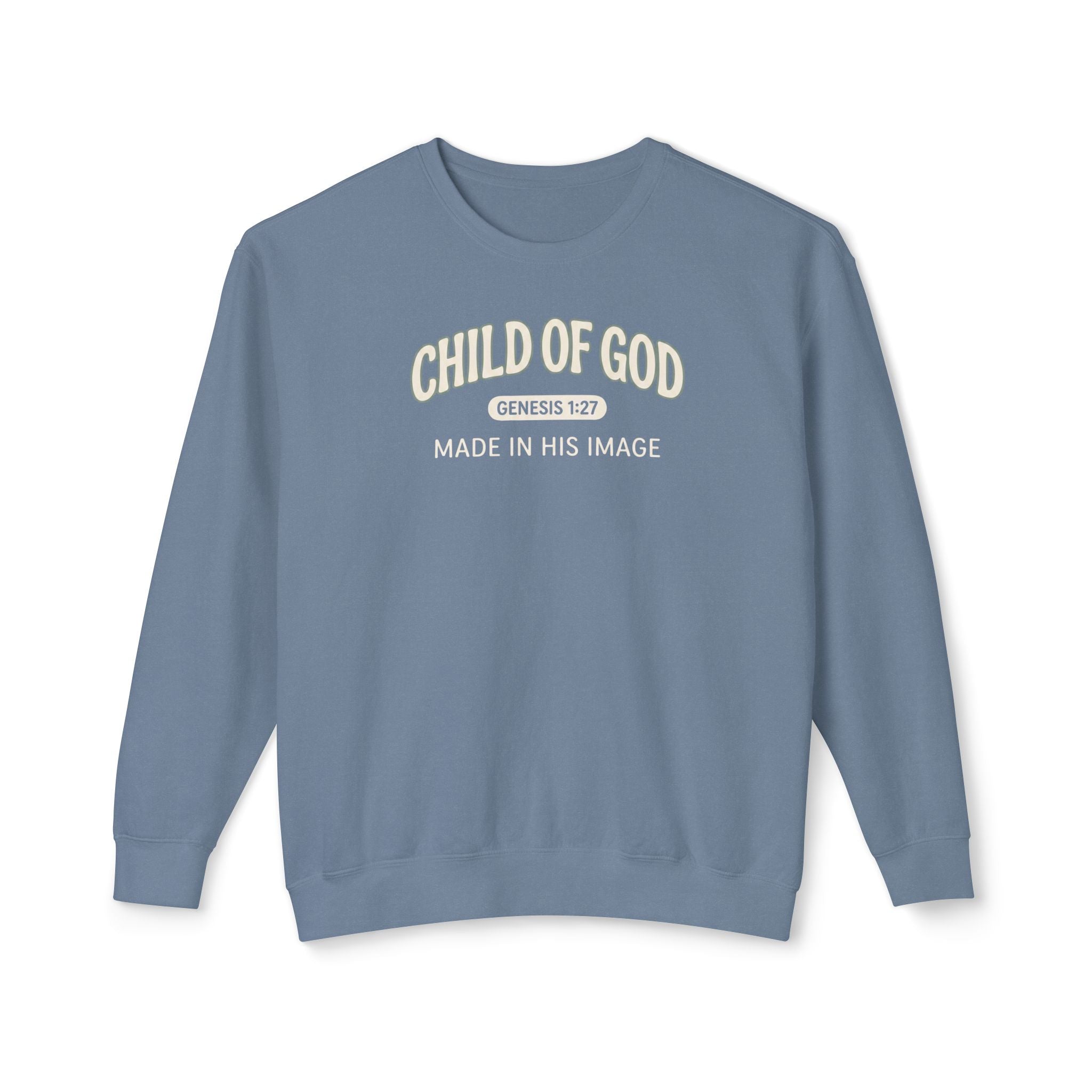 'Child of God' - 'Made in His Image' Mens Sweatshirt in Blue Jean – Sweatshirt | Little Ark | Christian Clothing Brand