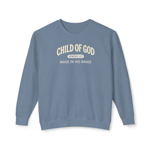'Child of God' - 'Made in His Image' Mens Sweatshirt in Blue Jean – Sweatshirt | Little Ark | Christian Clothing Brand