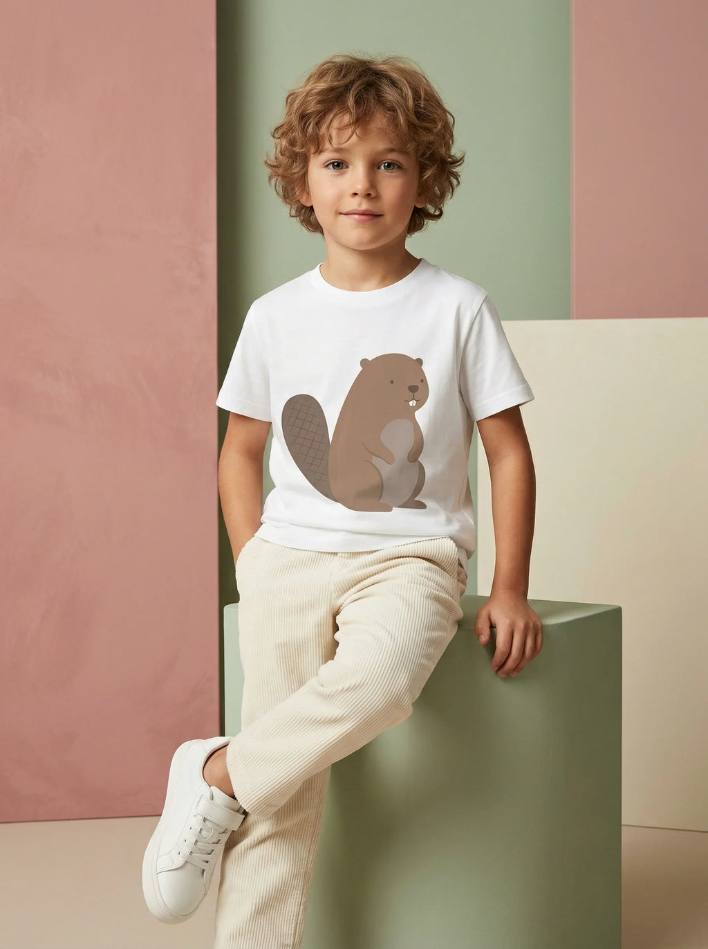 Young boy in minimal childrenswear, white t-shirt with beaver print, cream pants, pastel background