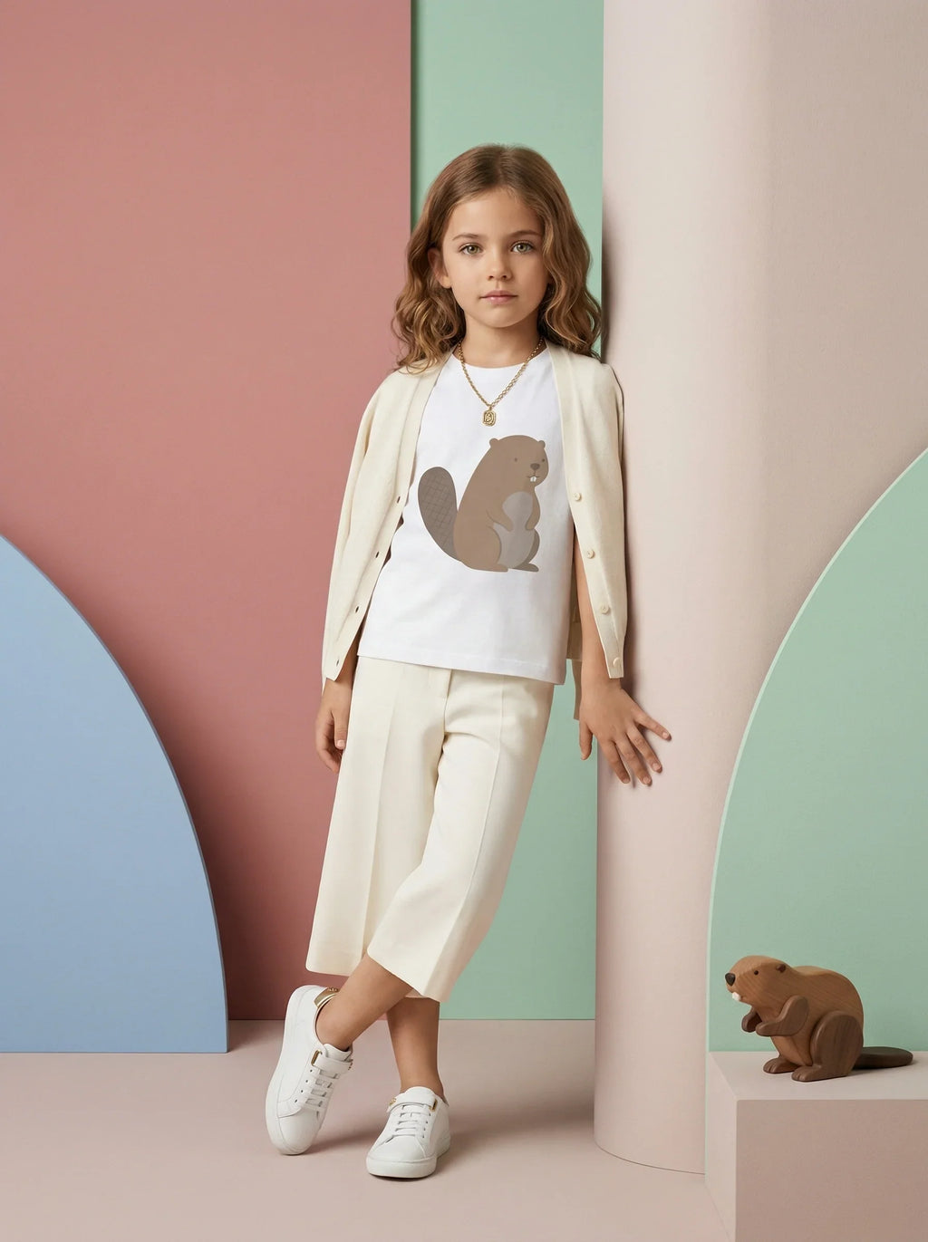 Girl in minimal cream childrenswear with animal print t-shirt, pastel modern backdrop