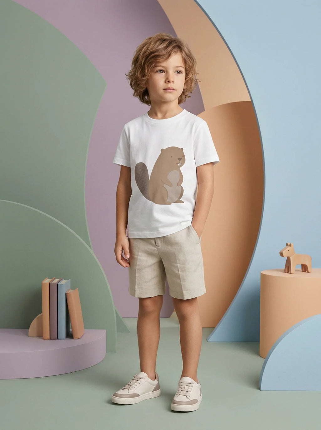 Boy in minimal childrenswear, white t-shirt with beaver print, beige shorts, neutral tones