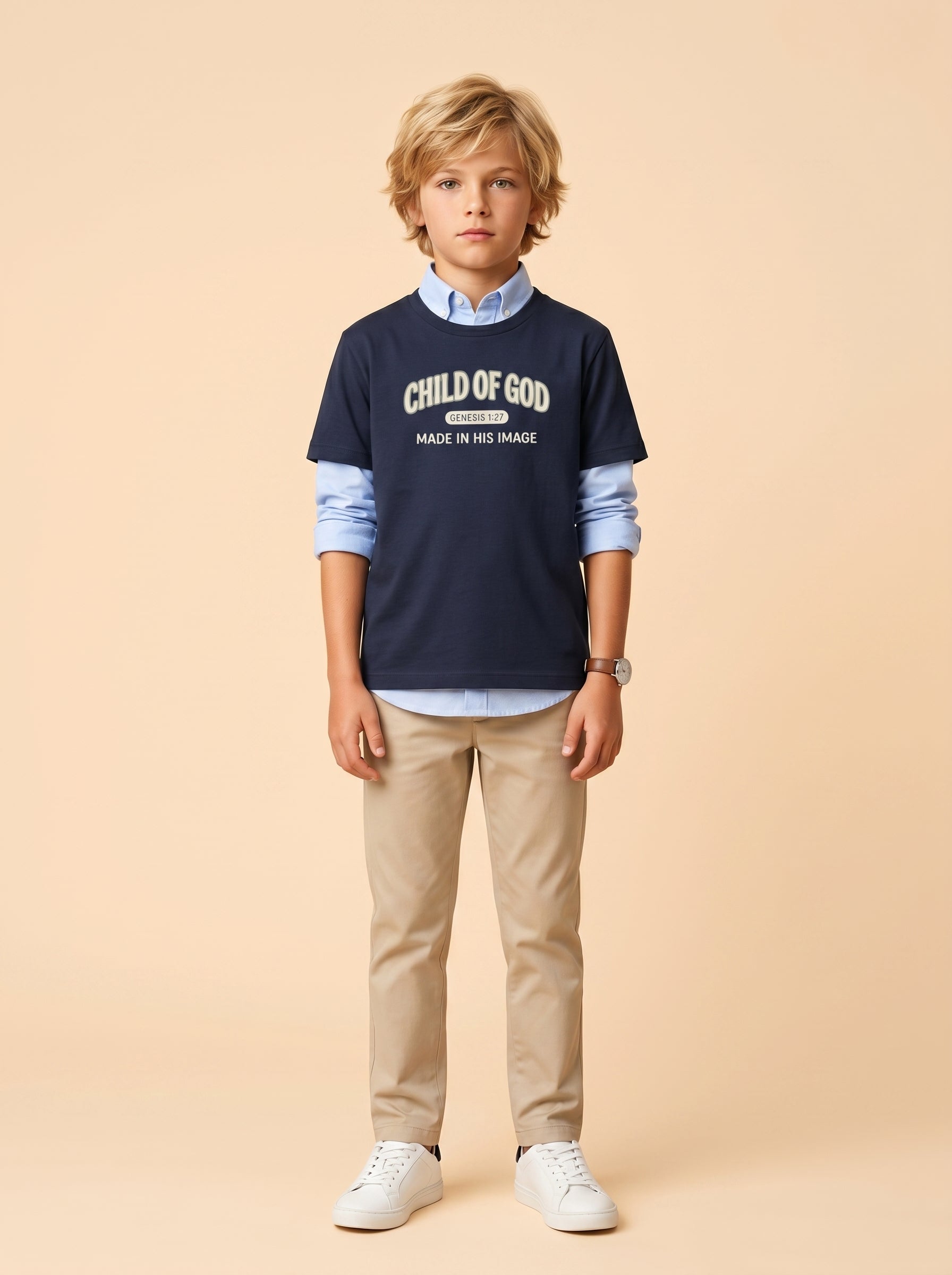 'Child of God' - 'Made in his Image' Kids Tee in Navy – Kids clothes | Little Ark | Christian Clothing Brand
