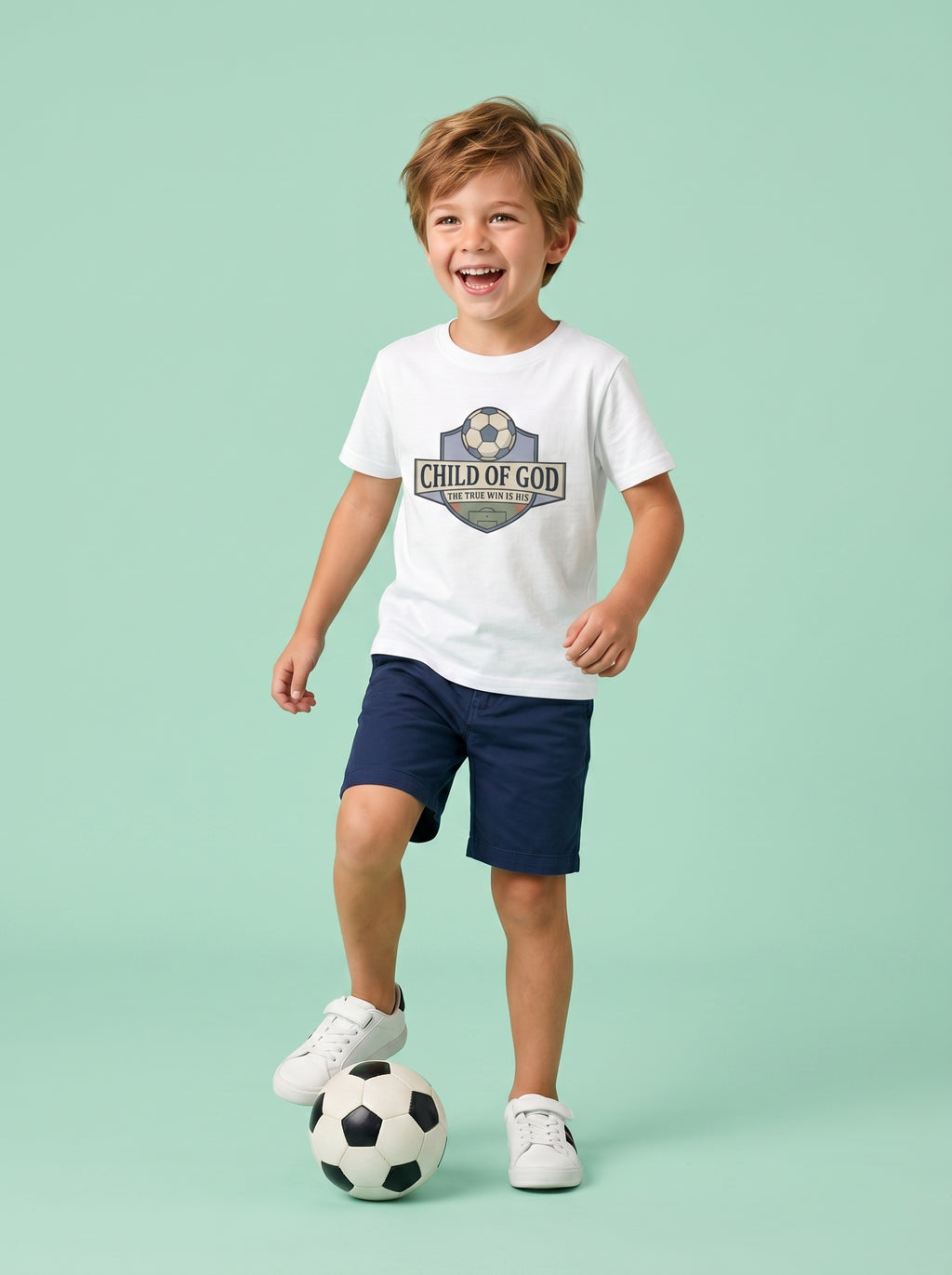 'Child of God' Soccer Team Kids Tee in White – Kids clothes | Little Ark | Christian Clothing Brand
