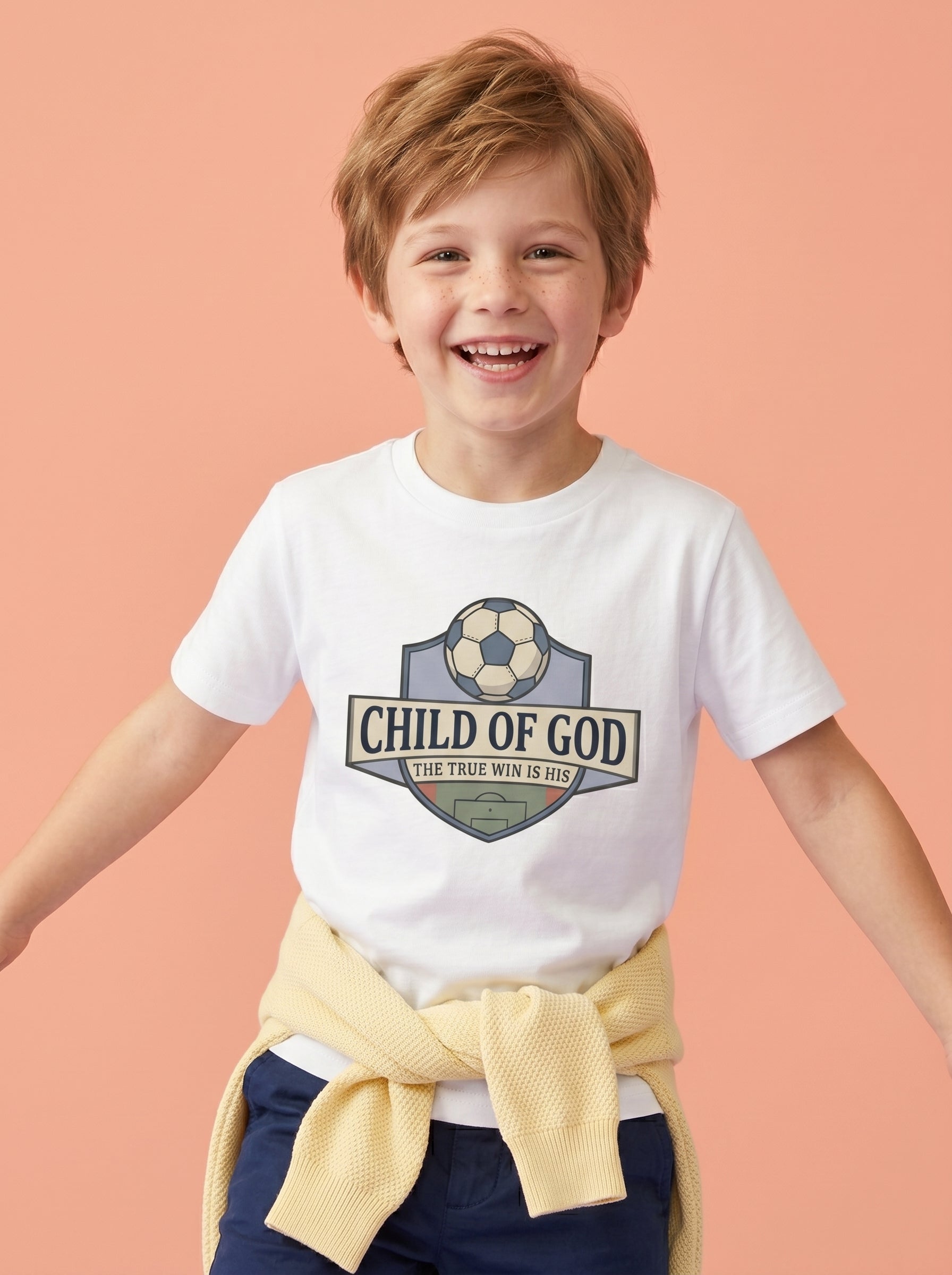 'Child of God' Soccer Team Kids Tee in White – Kids clothes | Little Ark | Christian Clothing Brand