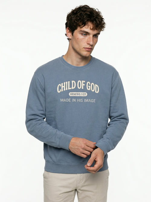'Child of God' - 'Made in His Image' Mens Sweatshirt in Blue Jean – Sweatshirt | Little Ark | Christian Clothing Brand