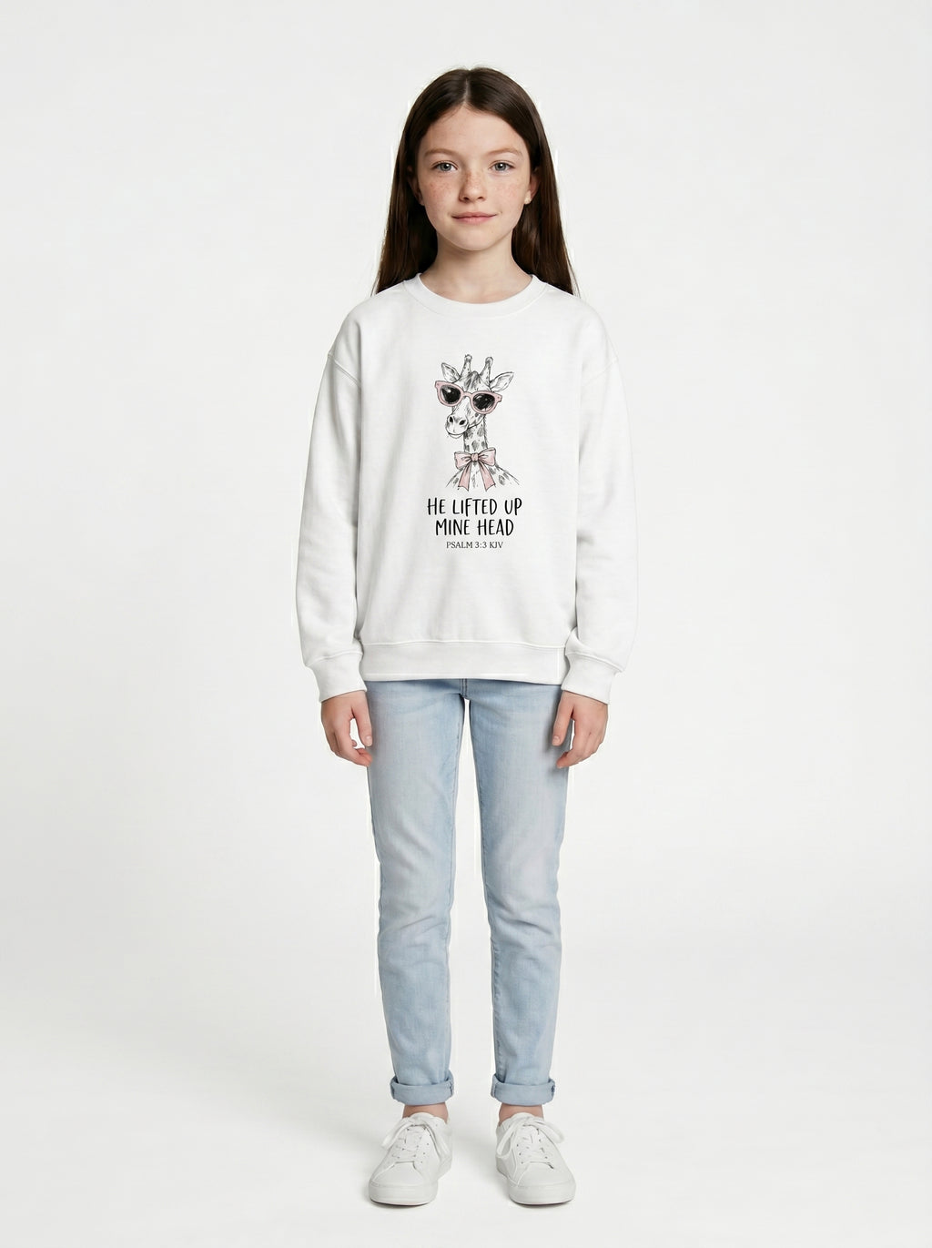 'He Lifted Up Mine Head' - Giraffe Crewneck Kids Sweatshirt