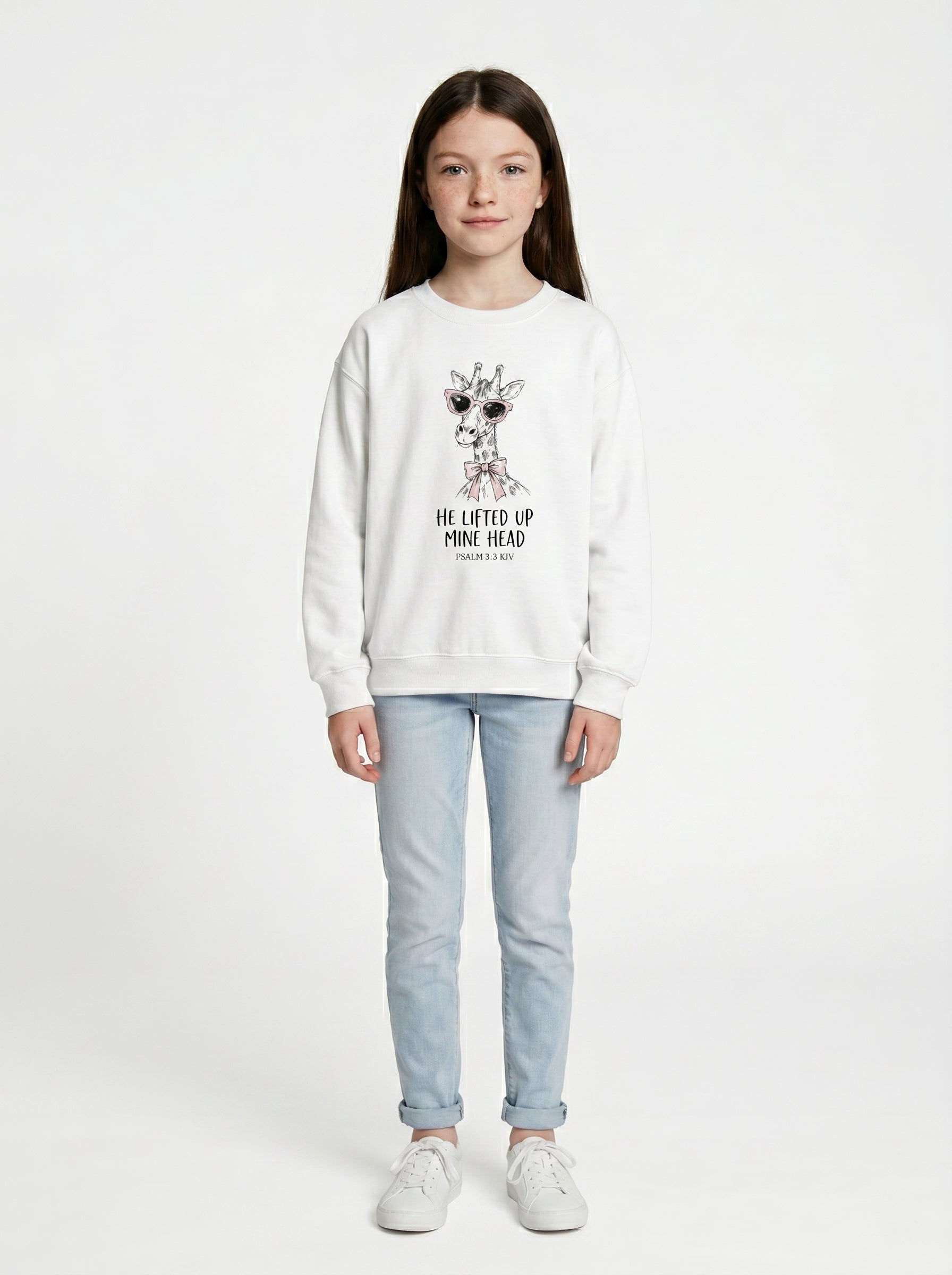 'He Lifted Up Mine Head' - Giraffe Crewneck Kids Sweatshirt