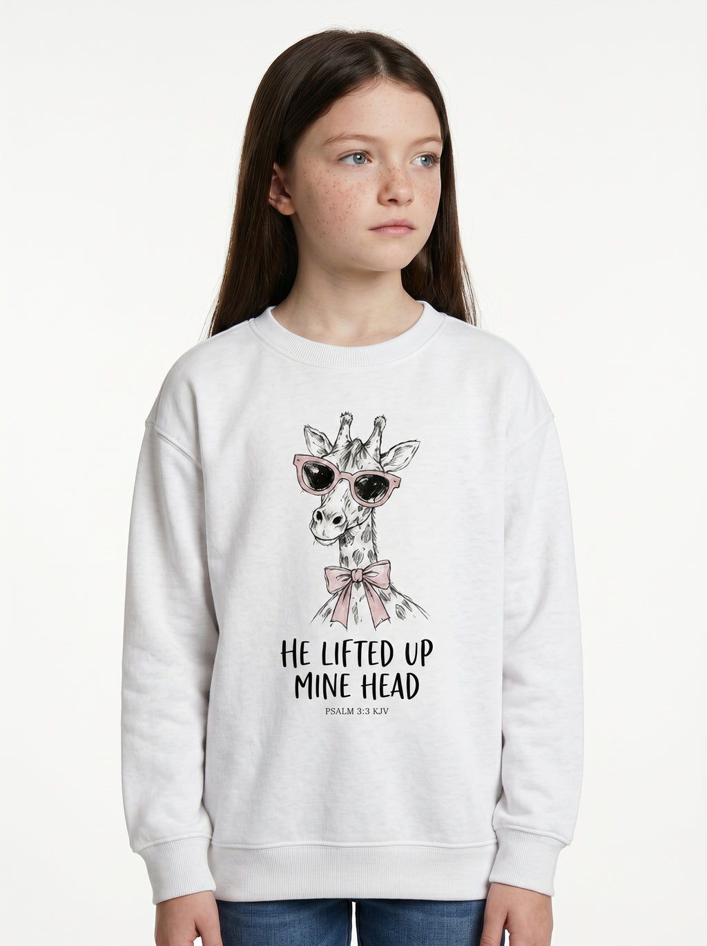'He Lifted Up Mine Head' - Giraffe Crewneck Kids Sweatshirt