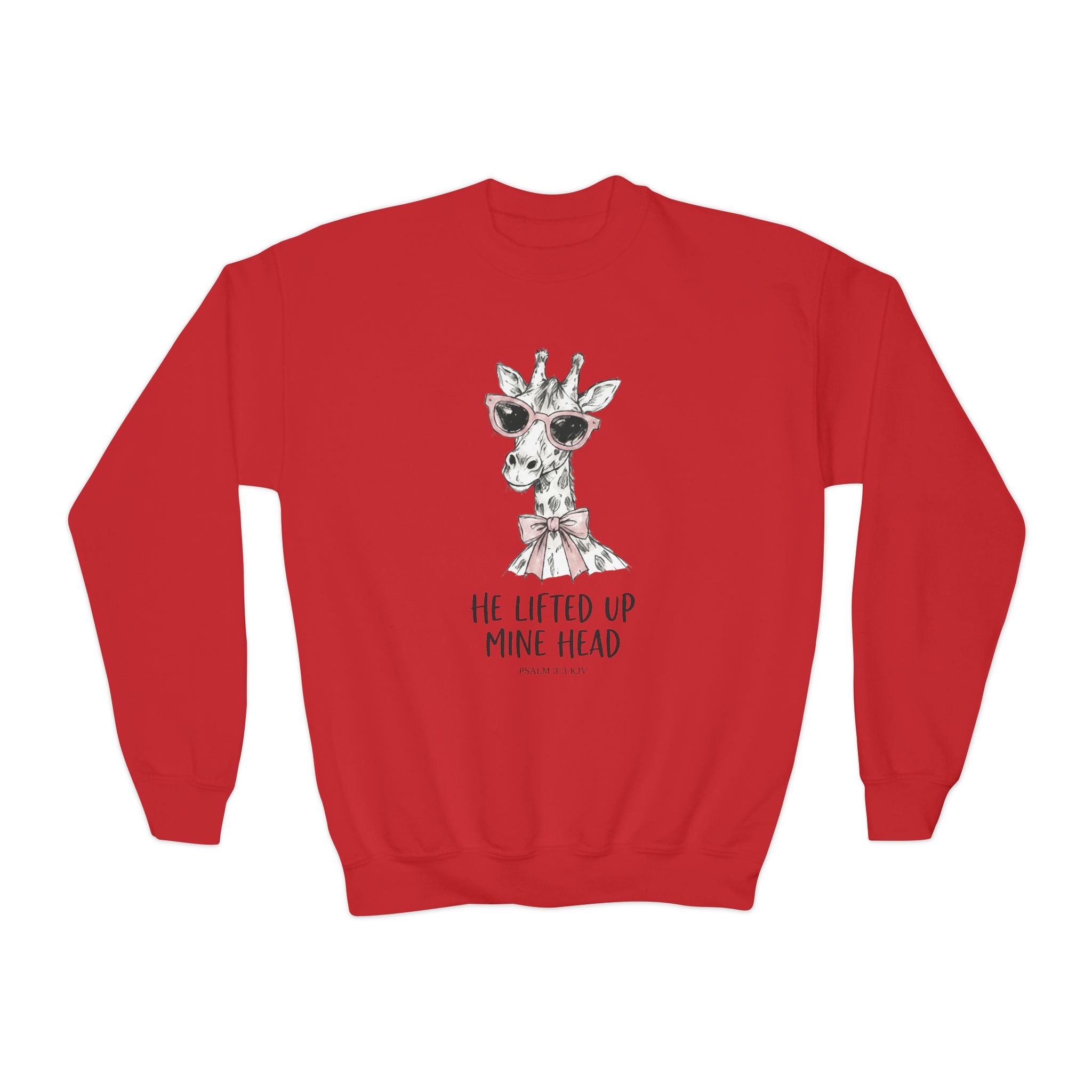 'He Lifted Up Mine Head' - Giraffe Crewneck Kids Sweatshirt in Red – Kids clothes | Little Ark | Christian Clothing Brand