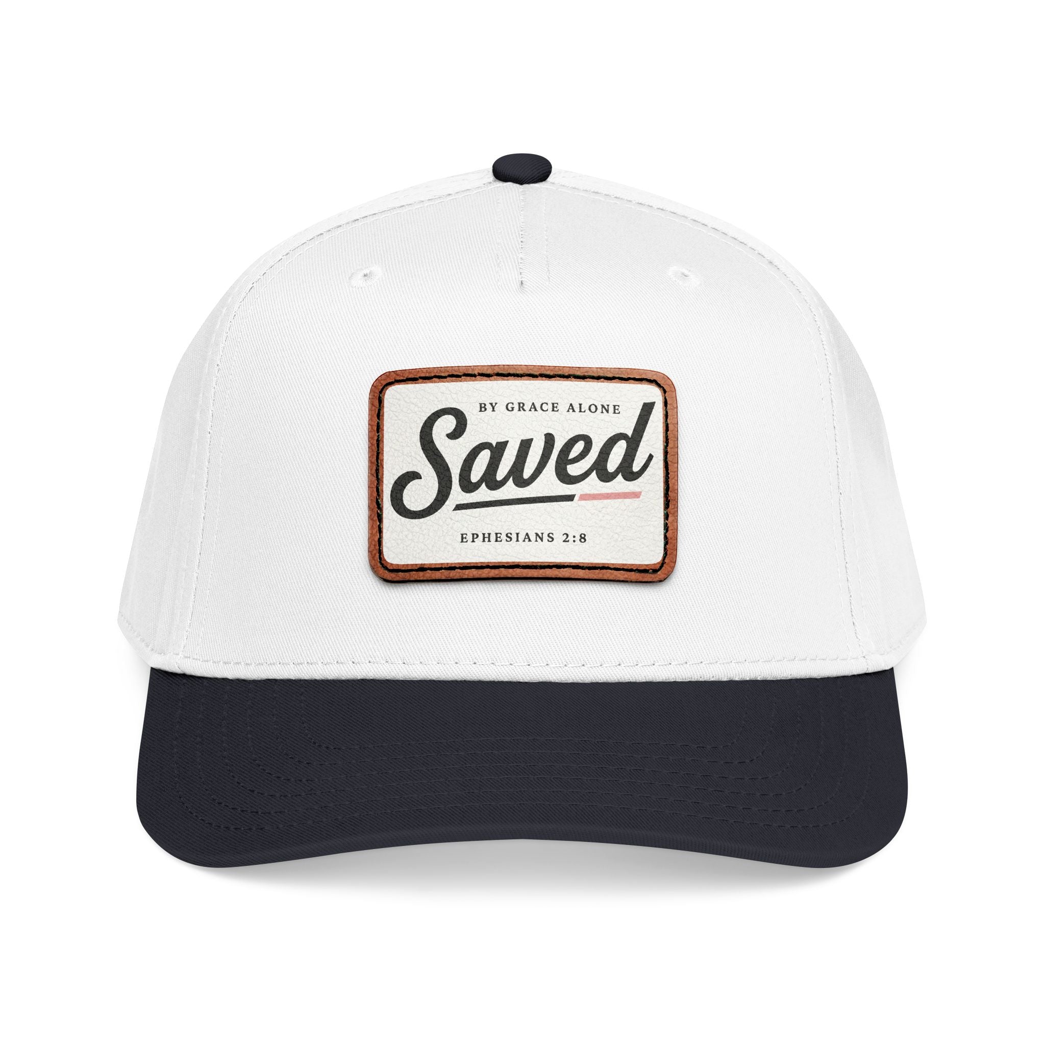 'Saved' Leather Patch Baseball Cap (Ephesians 2:8) in One size Black White Light Brown patch Rectangle – Hats | Little Ark | Christian Clothing Brand