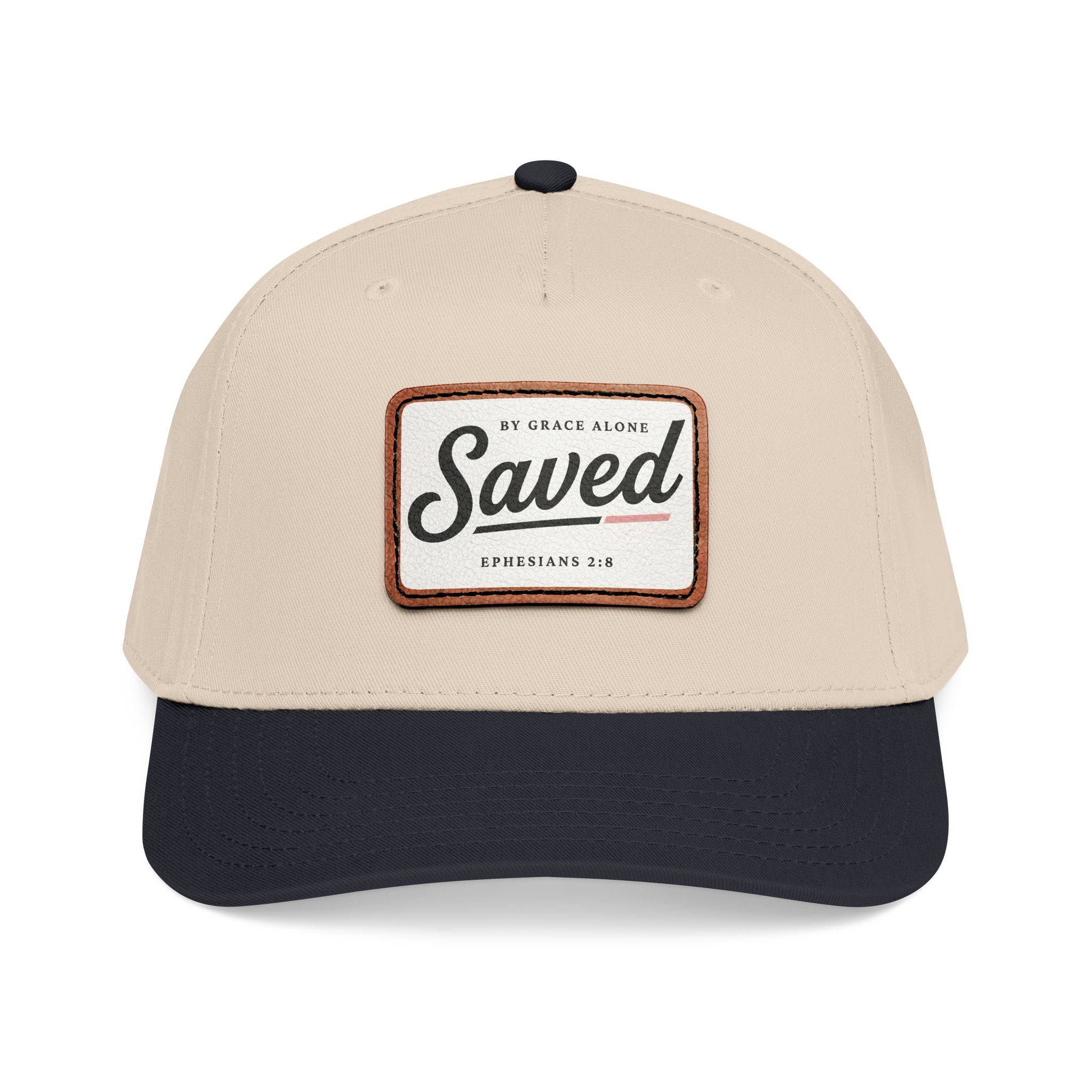 'Saved' Leather Patch Baseball Cap (Ephesians 2:8) in One size Black Natural Light Brown patch Rectangle – Hats | Little Ark | Christian Clothing Brand