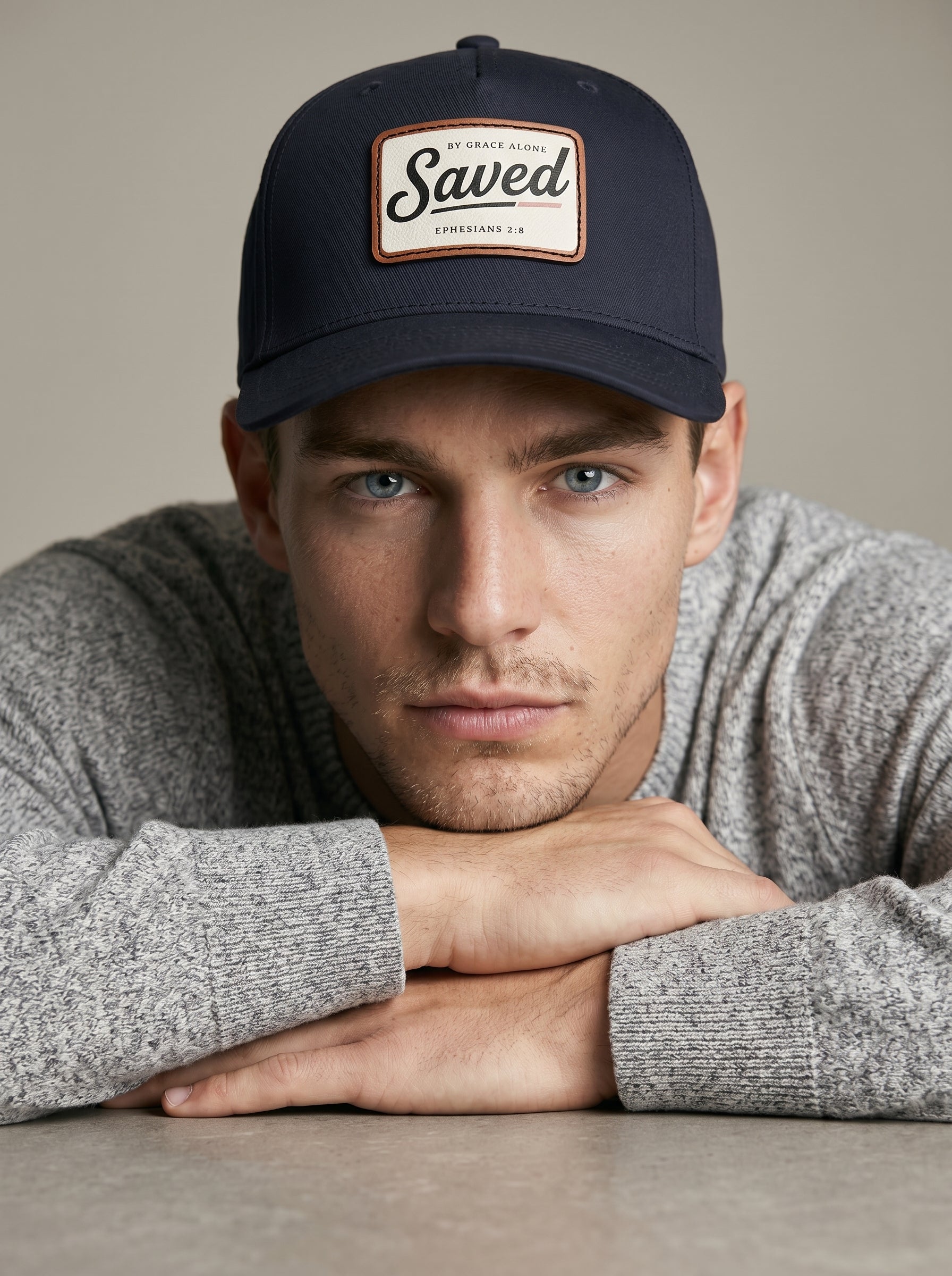 'Saved' Leather Patch Baseball Cap (Ephesians 2:8) in – Hats | Little Ark | Christian Clothing Brand