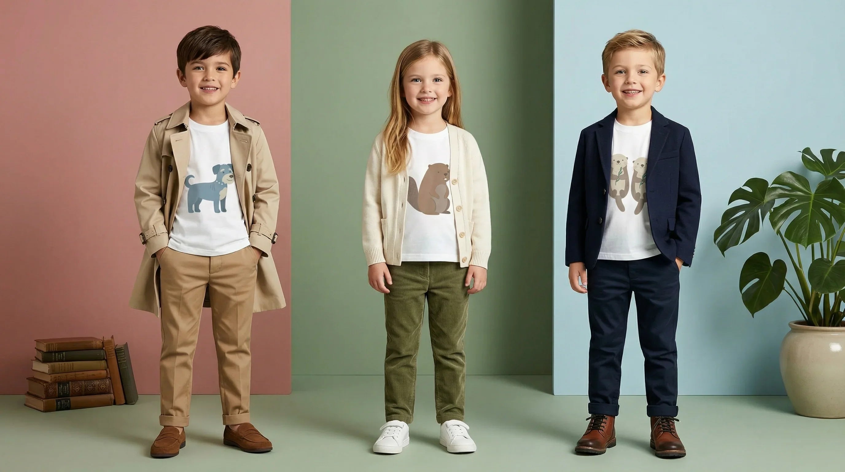 Three children in minimal childrenswear with animal print shirts, posing against pastel backgrounds